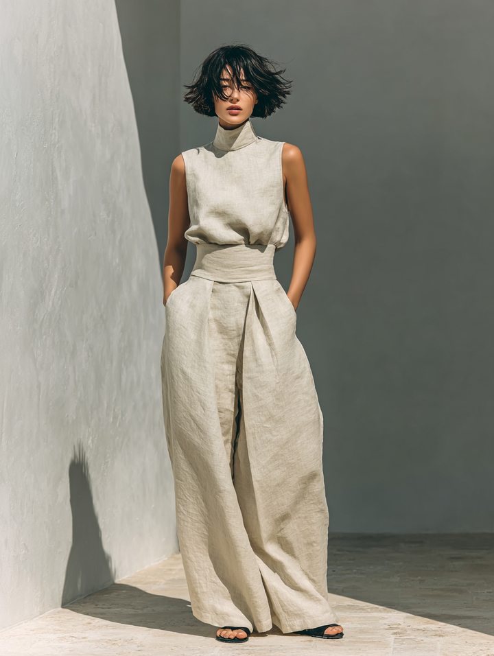 Maria - Compleet met top en wijde broek van katoen en linnen in minimalistische stijl voor dames
