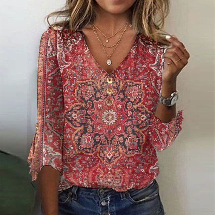 Arabella | Top V-Hals met 3/4 Mouwen en Rode Print