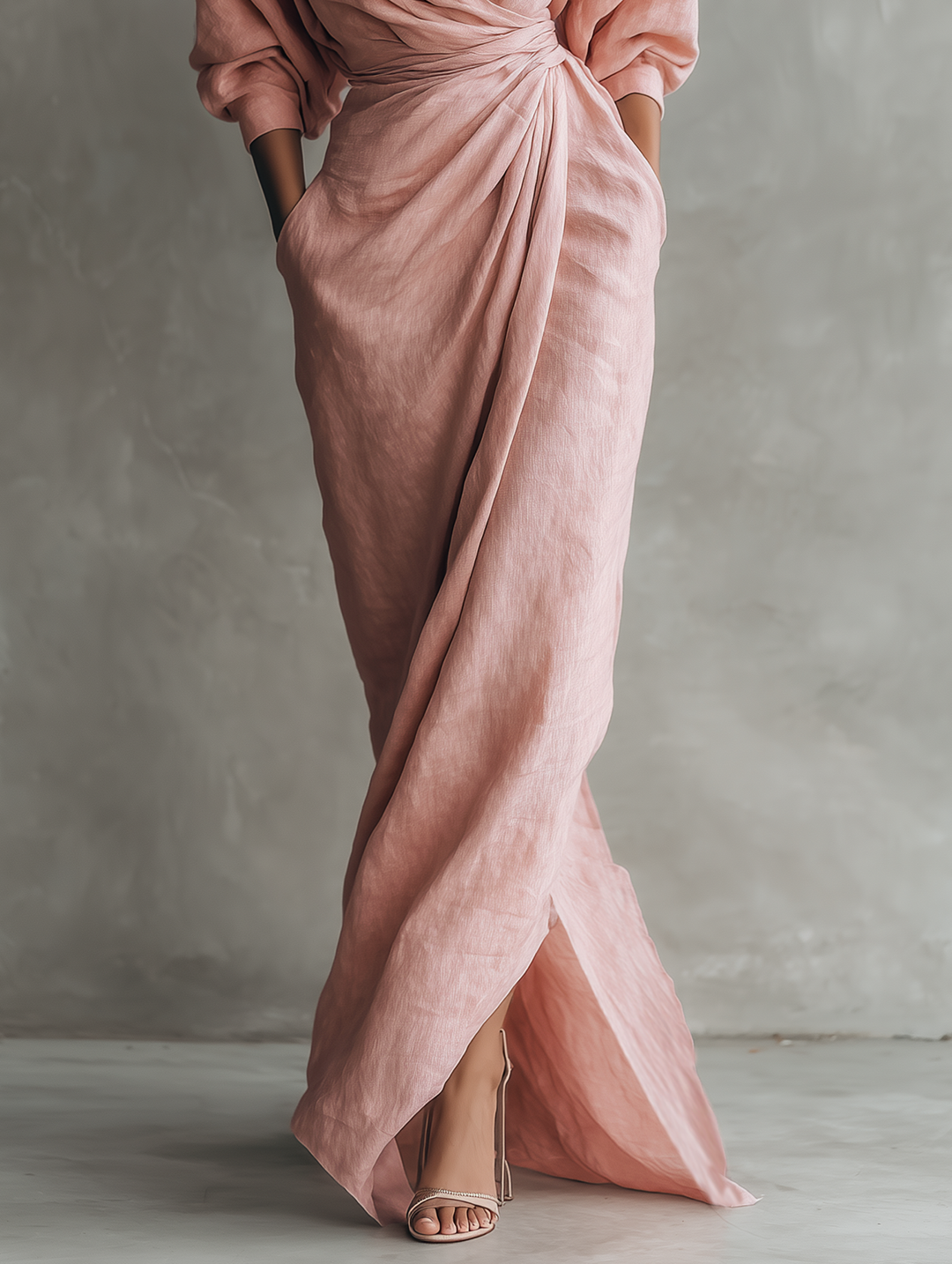 Maxi Minimalistische Roze Jurk met V-hals van Linnenmix voor Dames