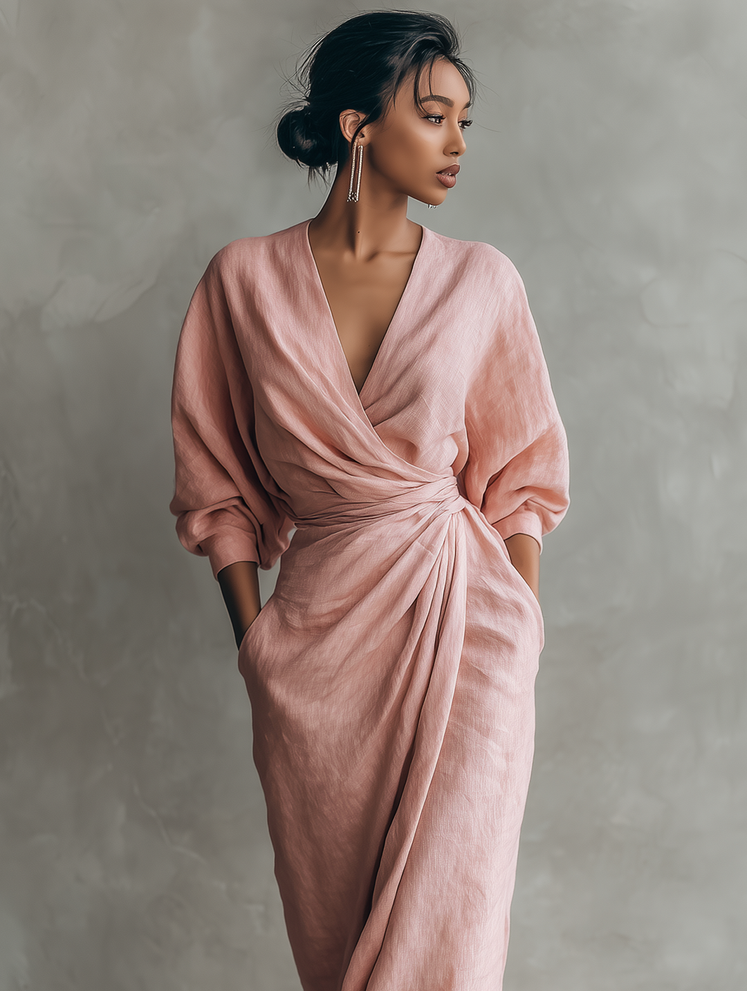 Maxi Minimalistische Roze Jurk met V-hals van Linnenmix voor Dames