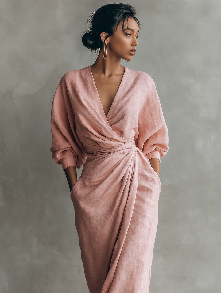 Maxi Minimalistische Roze Jurk met V-hals van Linnenmix voor Dames