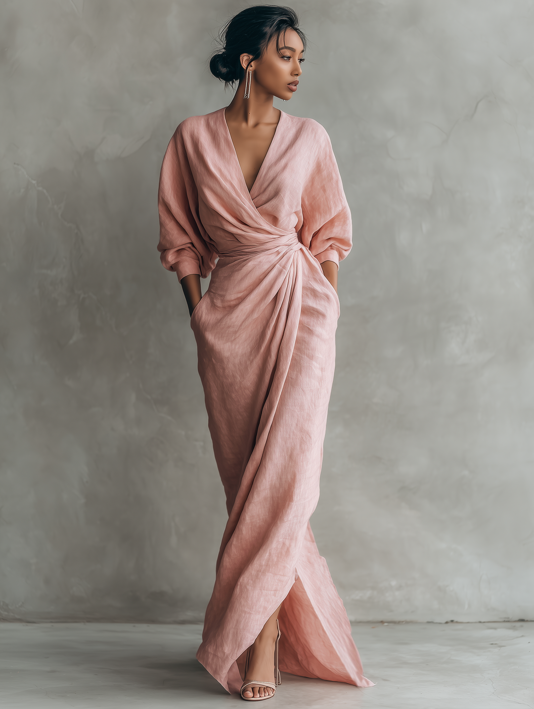 Maxi Minimalistische Roze Jurk met V-hals van Linnenmix voor Dames