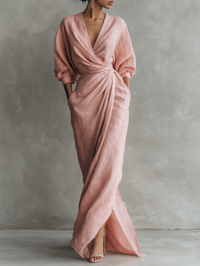 Maxi Minimalistische Roze Jurk met V-hals van Linnenmix voor Dames