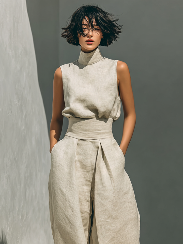 Maria - Compleet met top en wijde broek van katoen en linnen in minimalistische stijl voor dames