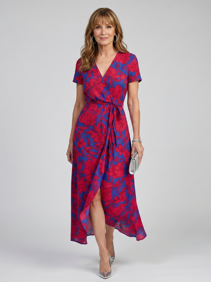 Lotte | Bloemige Wickelmidikleid met korte mouwen