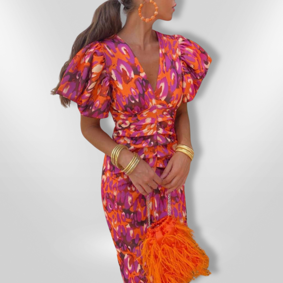 Oranit™ | Gekleurd Jurk met Plissé Mouwen