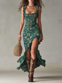 Zara - Maxikleed boho retro met gerimpelde mouwen en hoge split