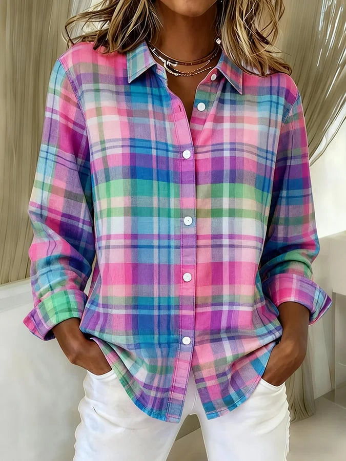 Retro casual roze geruite blouse voor dames