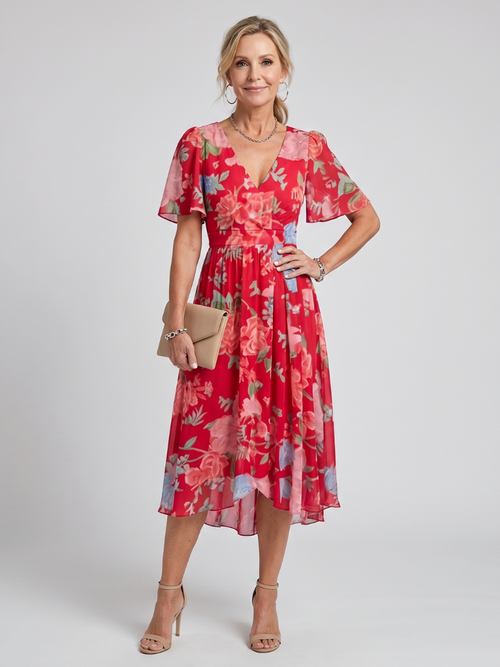 Flora | Midi-jurk met fladdermouwen en bloemenpatroon
