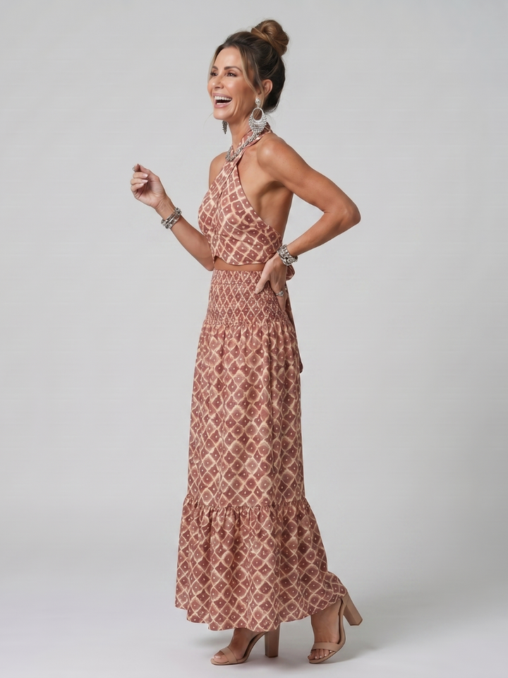 Ines | Midi-jurk met halternek en geometrisch patroon