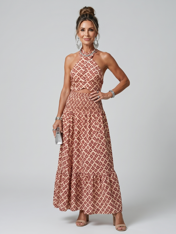Ines | Midi-jurk met halternek en geometrisch patroon