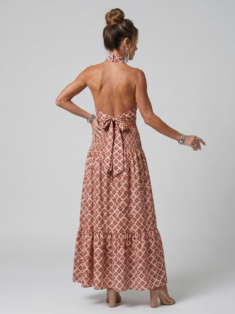 Ines | Midi-jurk met halternek en geometrisch patroon