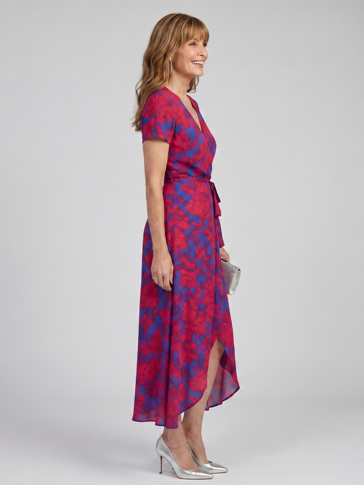 Lotte | Bloemige Wickelmidikleid met korte mouwen