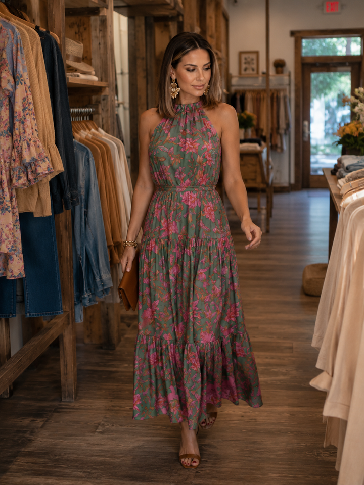 Elara | Drapé Halter Midi Jurk