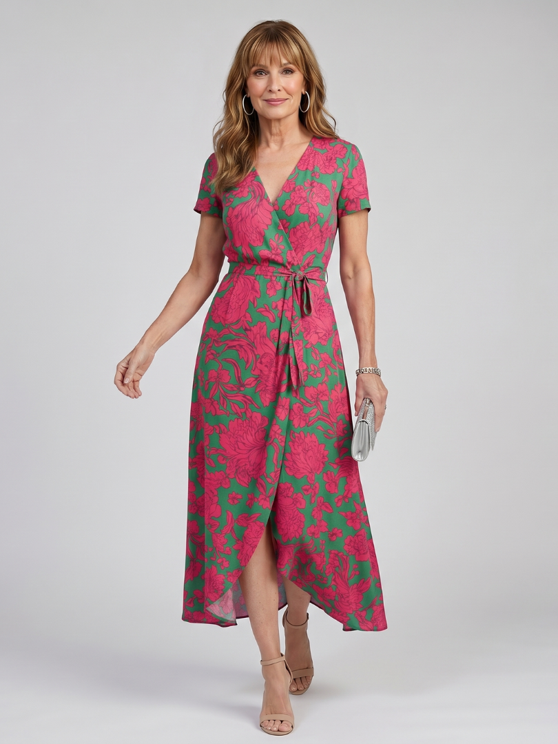 Lotte | Bloemige Wickelmidikleid met korte mouwen