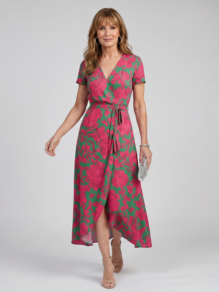 Lotte | Bloemige Wickelmidikleid met korte mouwen