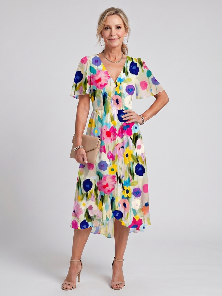 Flora | Midi-jurk met fladdermouwen en bloemenpatroon