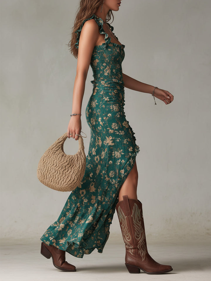 Zara - Maxikleed boho retro met gerimpelde mouwen en hoge split