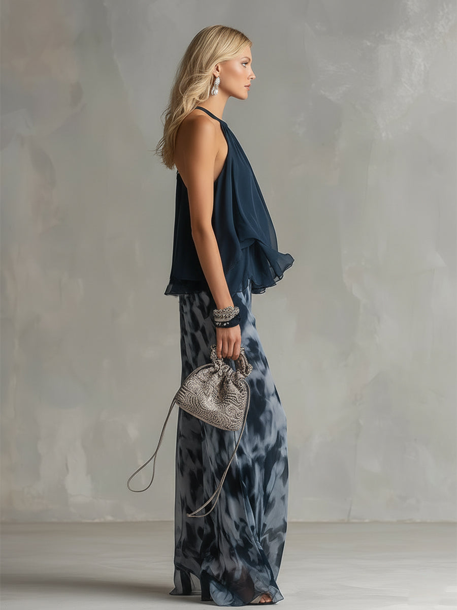 Ludovica - elegante in chiffon met hoge hals top en wijde geprinte broek