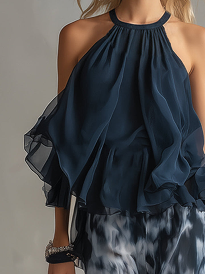Ludovica - elegante in chiffon met hoge hals top en wijde geprinte broek
