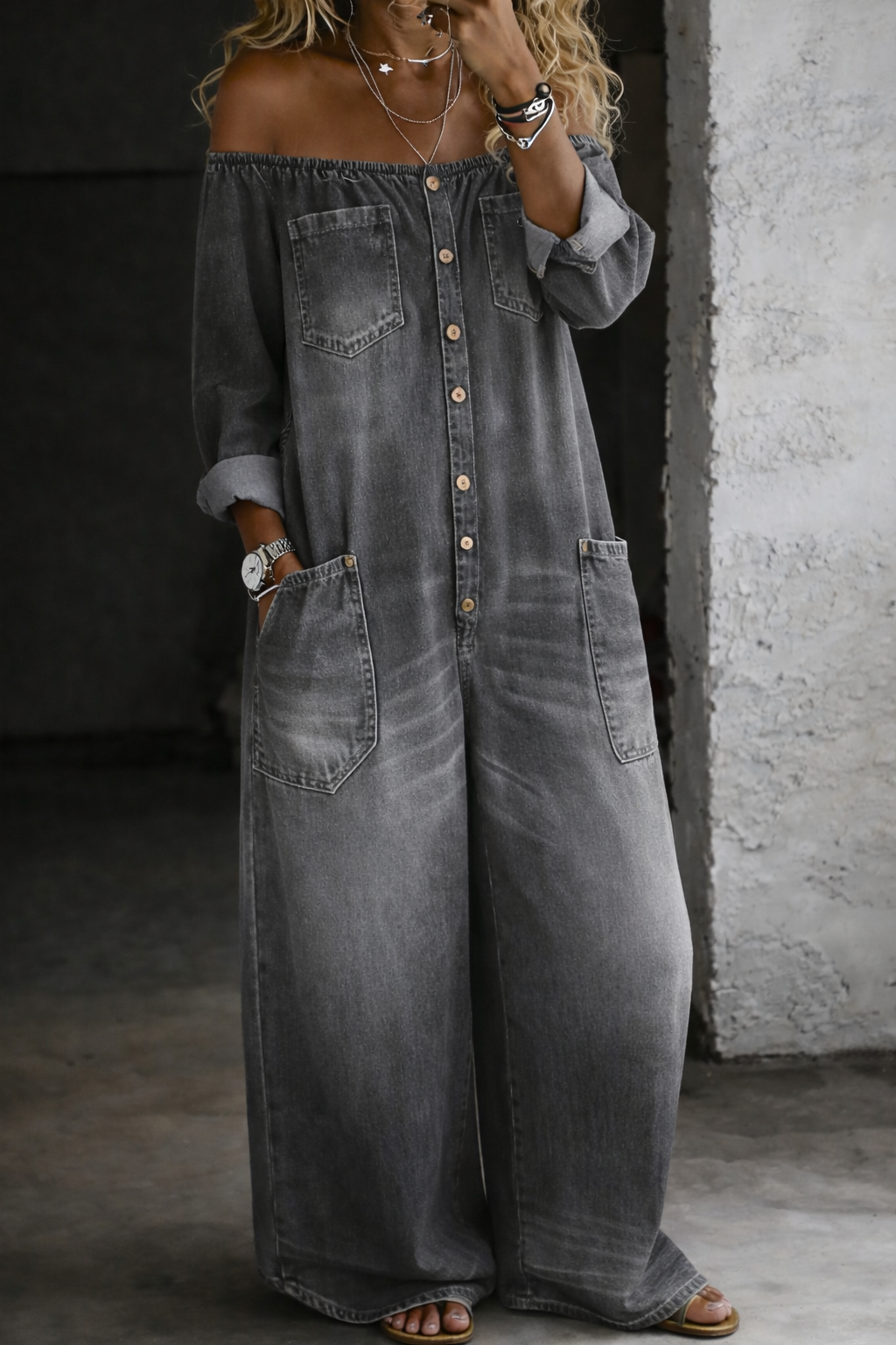 Helen | Lange Jumpsuit met Ontblote Schouders