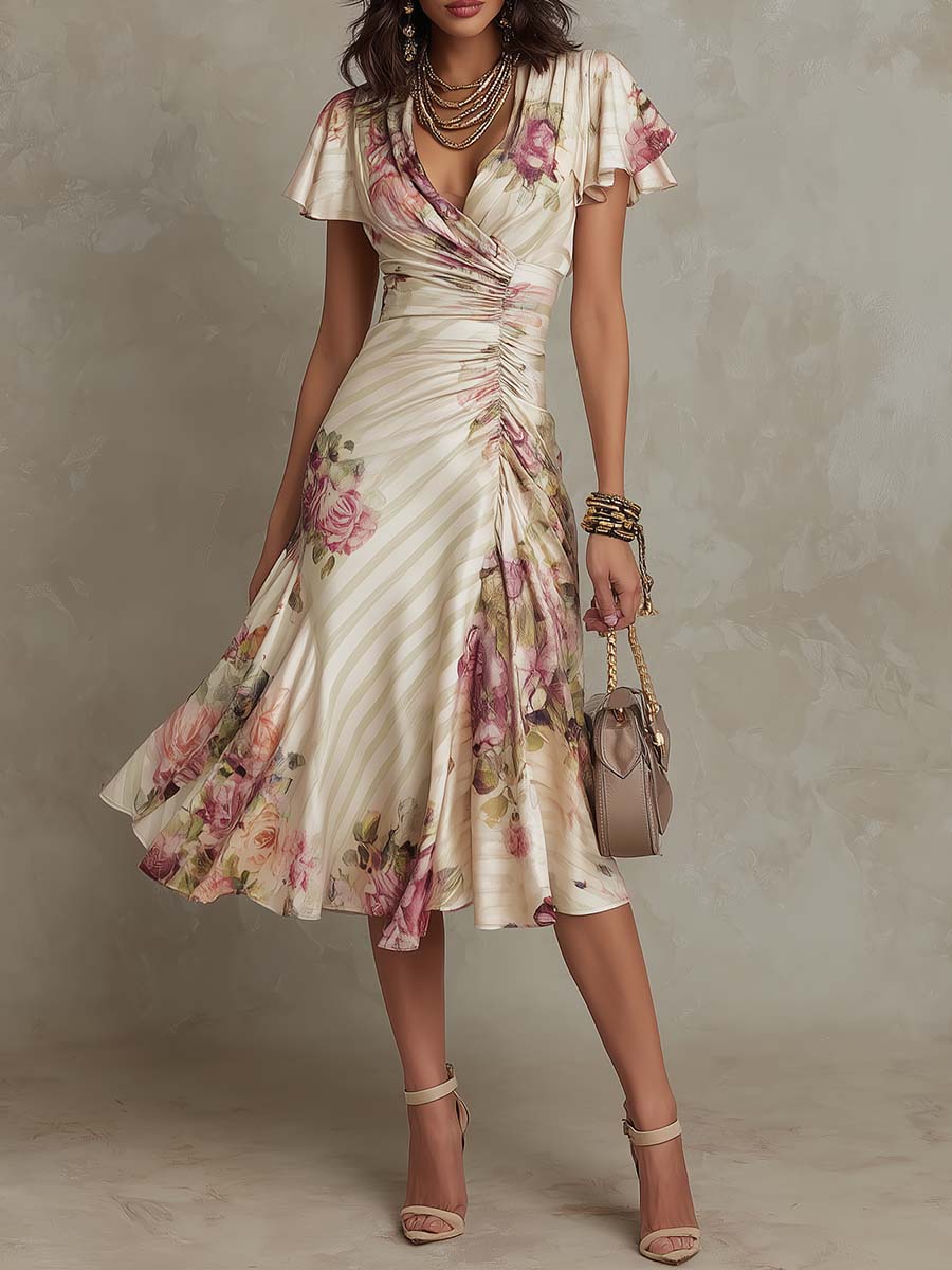 Alba - Elegante retro midi jurk in bloemmotief satijn