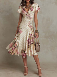 Alba - Elegante retro midi jurk in bloemmotief satijn