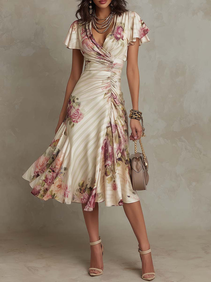 Alba - Elegante retro midi-jurk in bloemen satijn