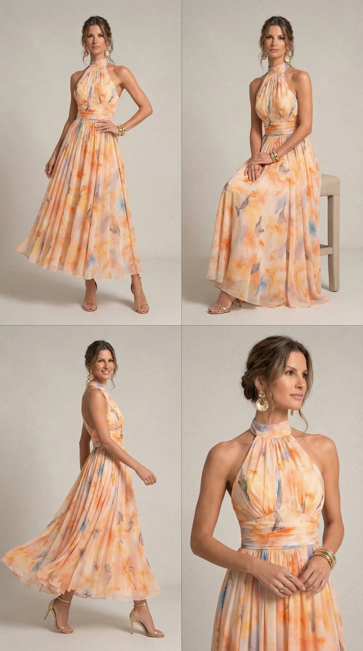 Halterneck Jurk met Waterverfprint