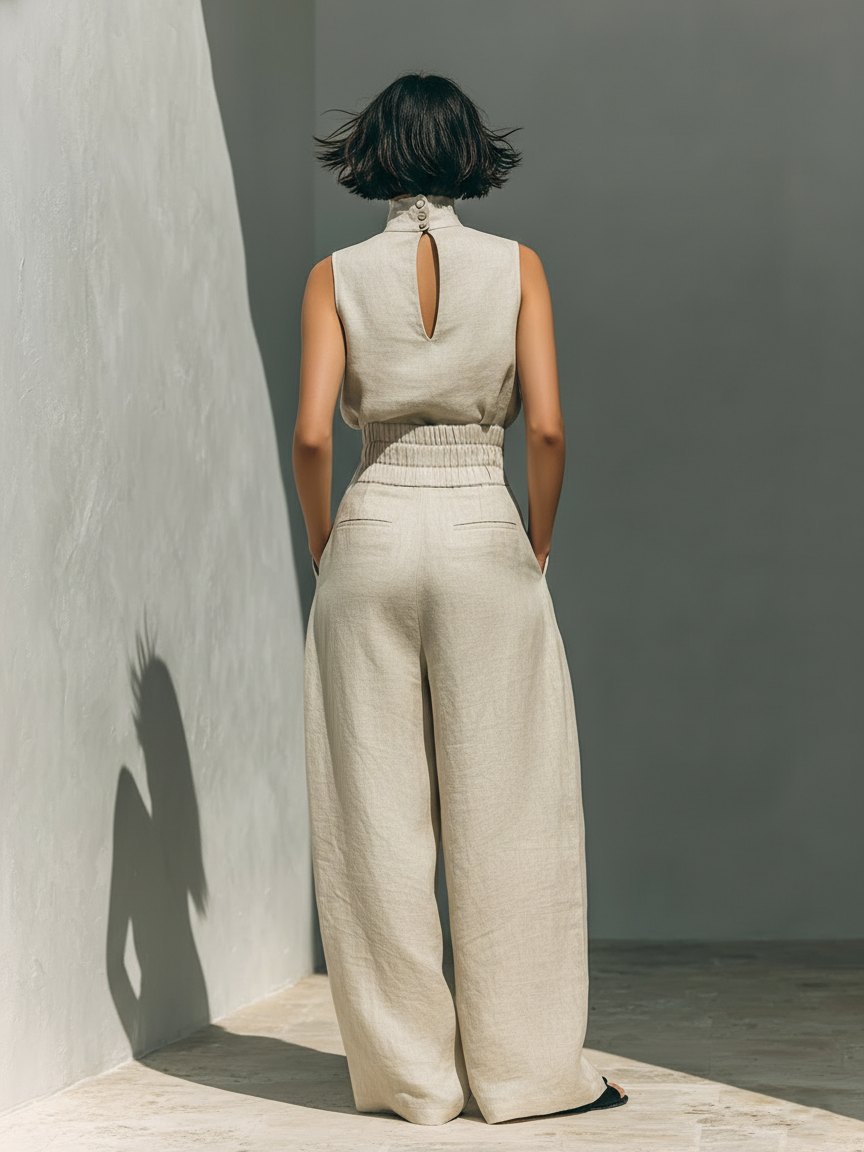 Maria - Compleet met top en wijde broek van katoen en linnen in minimalistische stijl voor dames