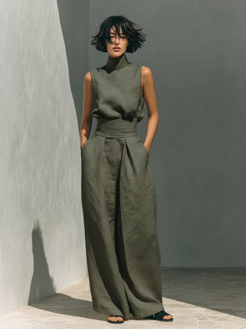 Maria - Compleet met top en wijde broek van katoen en linnen in minimalistische stijl voor dames