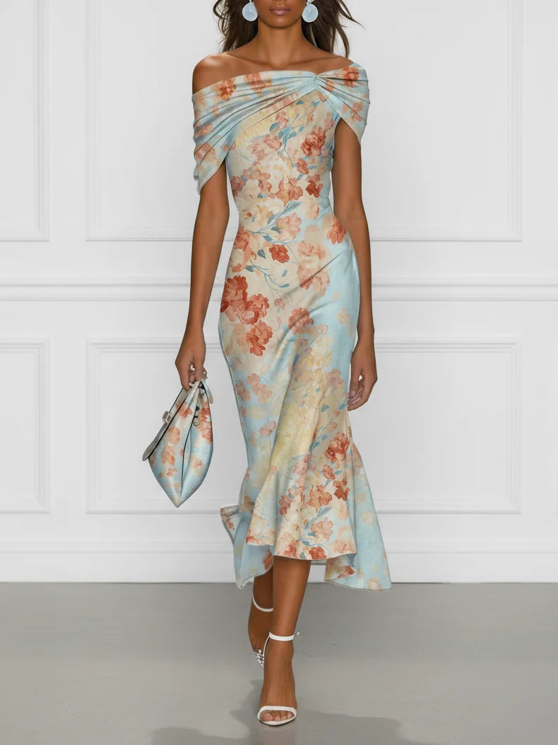 Vittoria - Midi Jurk Sirene Zonder Mouwen met Ontblote Schouders en Blauwe Bloemenprint