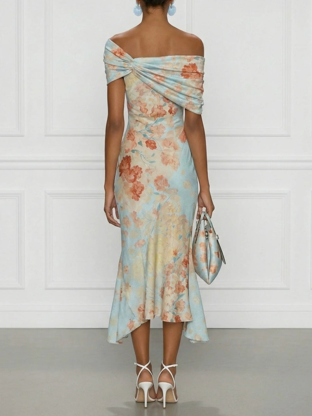 Vittoria - Midi Jurk Sirene Zonder Mouwen met Ontblote Schouders en Blauwe Bloemenprint