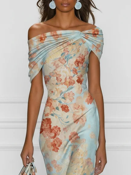 Vittoria - Midi Jurk Sirene Zonder Mouwen met Ontblote Schouders en Blauwe Bloemenprint