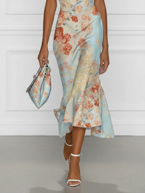 Vittoria - Midi Jurk Sirene Zonder Mouwen met Ontblote Schouders en Blauwe Bloemenprint