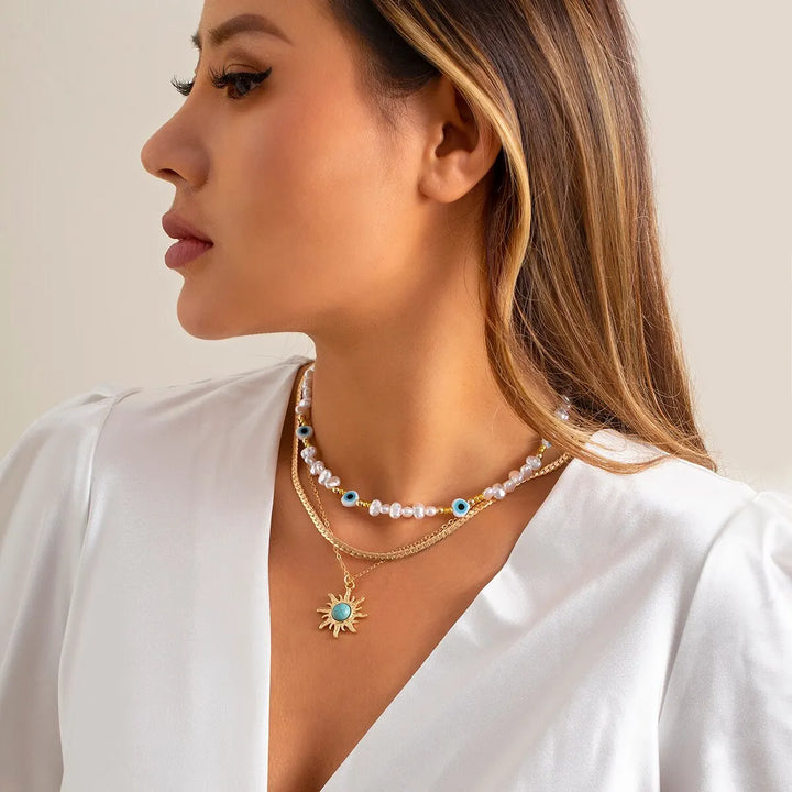 Set van Gelaagde Kettingen Parel & Boze Oog – Boho Zonnehanger