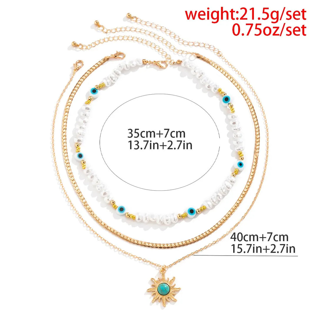 Set van Gelaagde Kettingen Parel & Boze Oog – Boho Zonnehanger