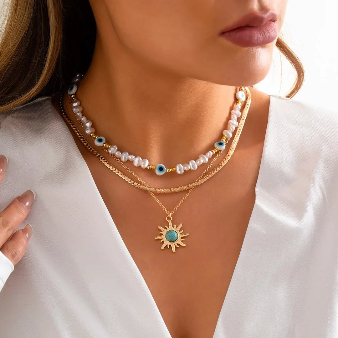 Set van Gelaagde Kettingen Parel & Boze Oog – Boho Zonnehanger