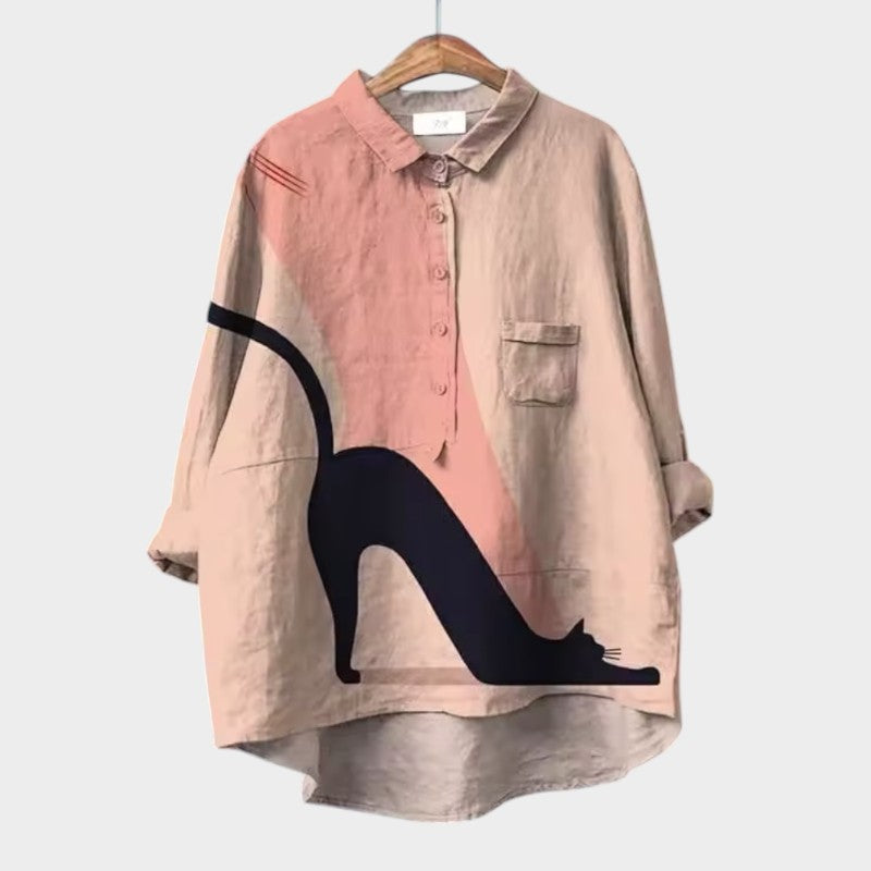 Liliana™ | Tijdloze Linnen Blouse met Kleurige Katten voor Comfort