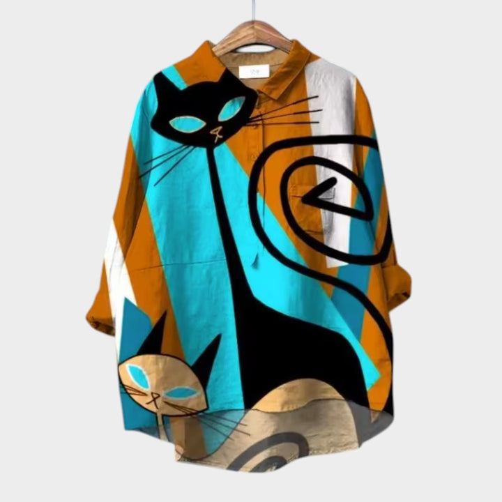Liliana™ | Tijdloze Linnen Blouse met Kleurige Katten voor Comfort