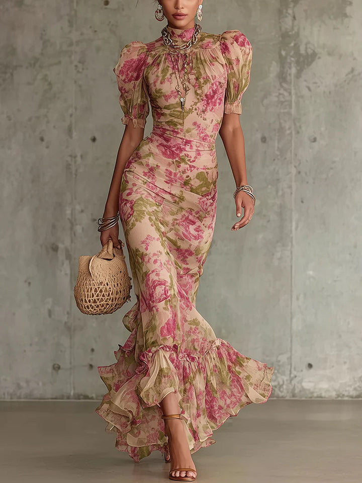 Fiora - Lange jurk met vintage rozenprint en puffmouwen