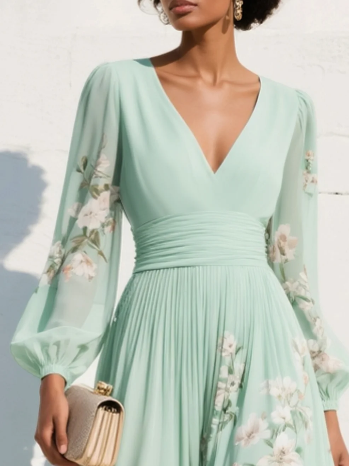 Maxi Plissé Jurk in Muntgroene Chiffon met Bloemenprint voor Dames
