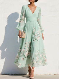 Maxi Plissé Jurk in Muntgroene Chiffon met Bloemenprint voor Dames