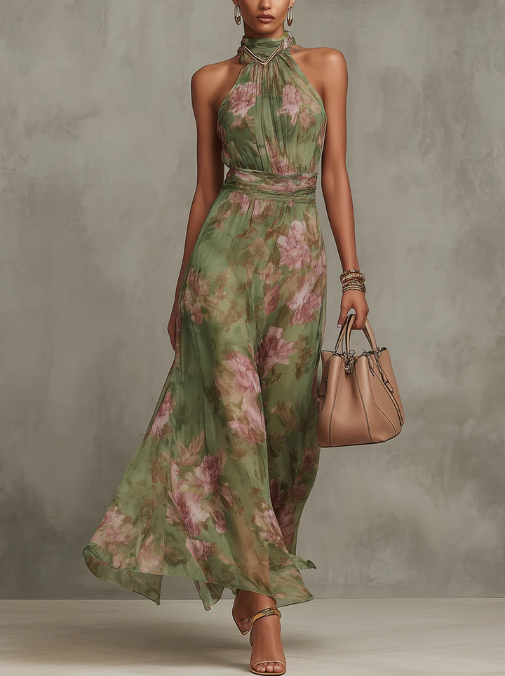 Serena - Lange groene bloemenjurk van chiffon met halternek
