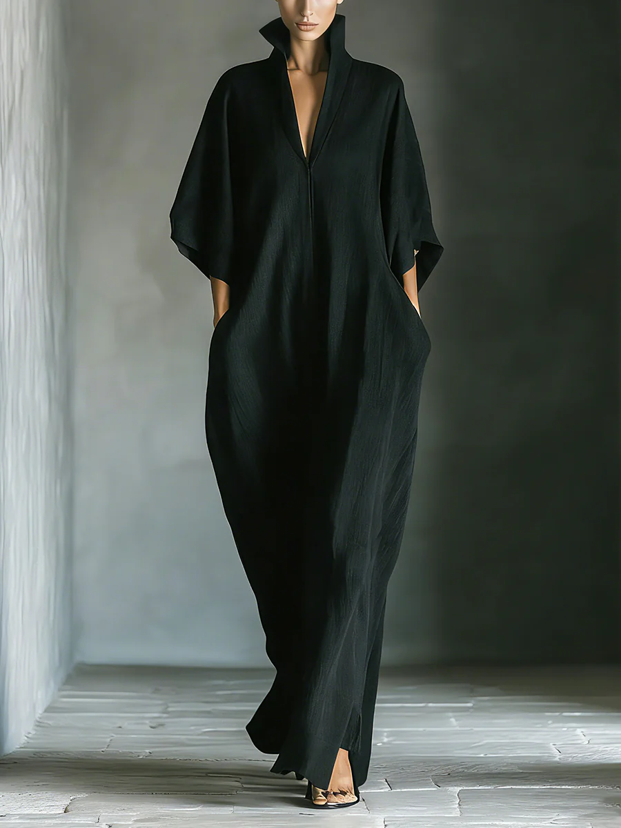 Alessandra™ | Lange zwarte oversized minimalistische jurk met kimono mouwen