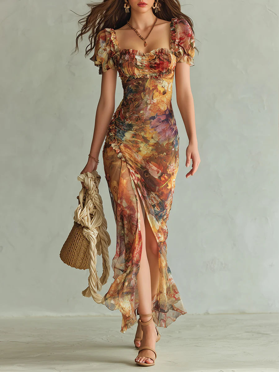 Viola - Lange chiffon jurk in oranje met bohemian olieverfschildering