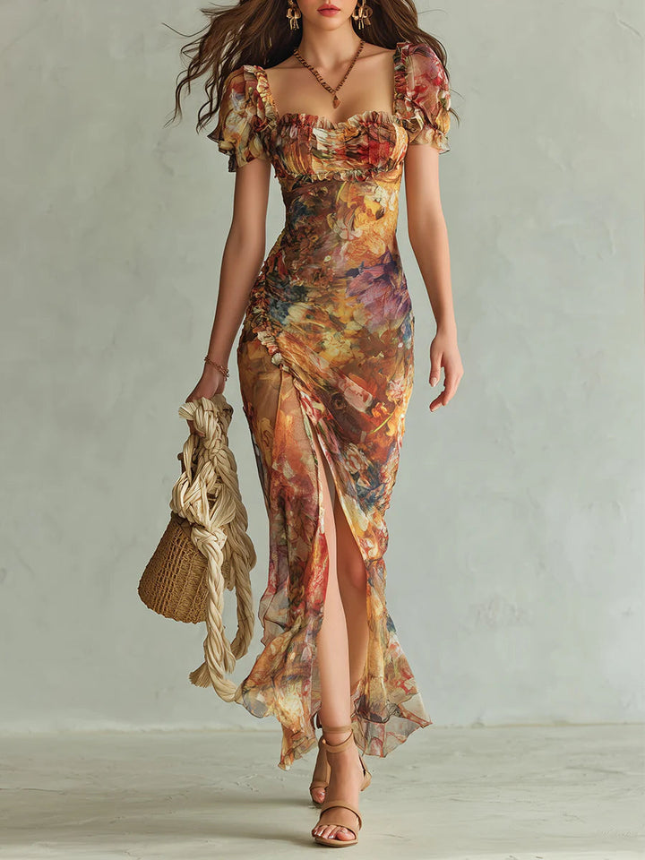 Viola - Lange chiffon jurk in oranje met bohemian olieverfschildering