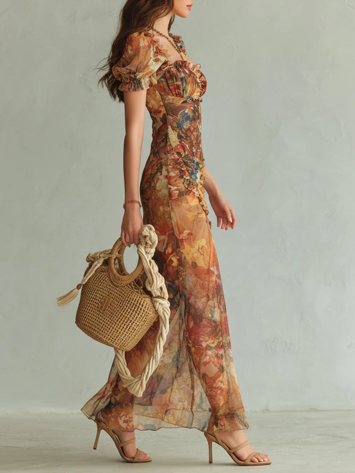 Viola - Lange chiffon jurk in oranje met bohemian olieverfschildering