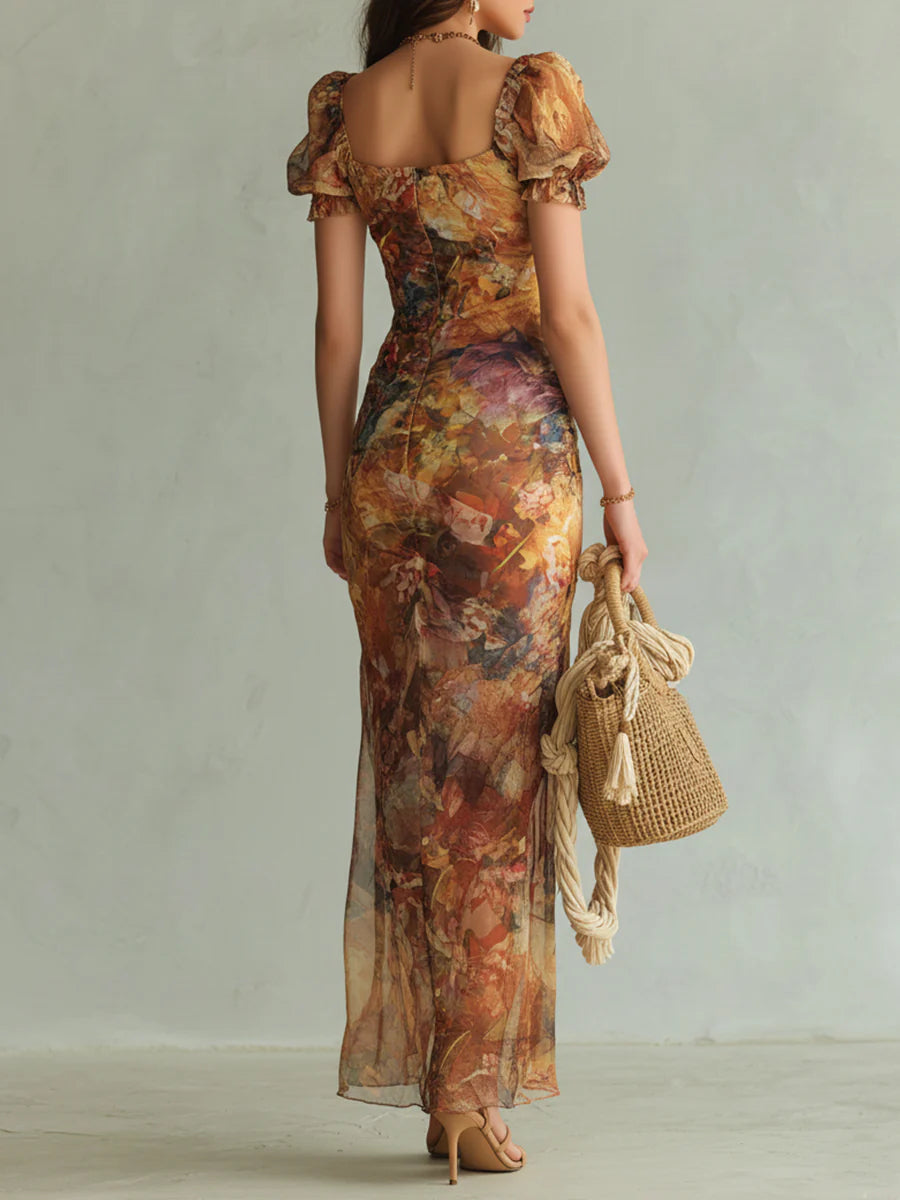 Viola - Lange chiffon jurk in oranje met bohemian olieverfschildering