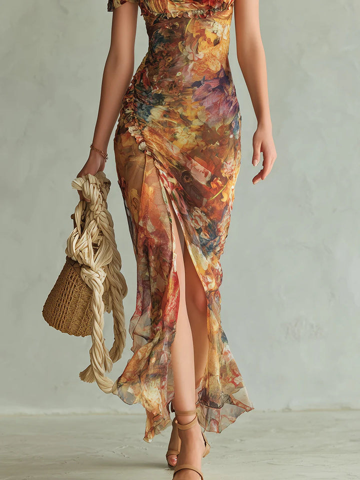 Viola - Lange jurk van oranje chiffon met bohemien olieverfprint